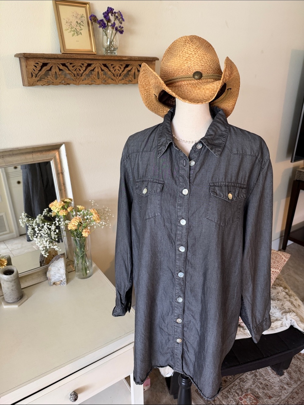 Soft surroundings, gray tencel shell button down tunic shirt XL